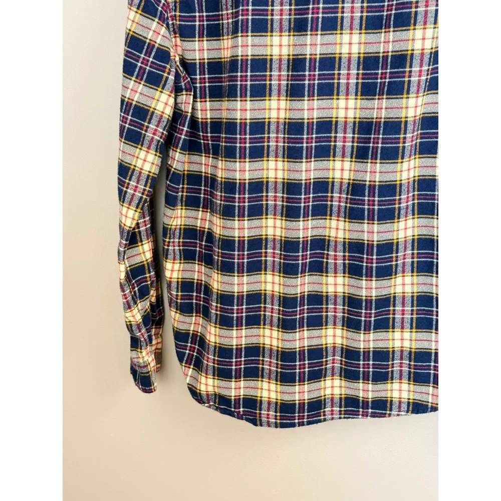 J. Crew Mens Flannel Shirt L Blue Yellow Plaid Cotton‎ Long Sleeve AF877 Y2K
